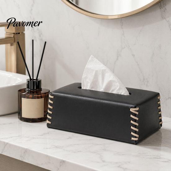 Nordic Style Tissue Box PU Leather Holder, with Hand-stitched Edges Design, Modern Smooth Paper Extraction Case for Home Office Decorative Holder