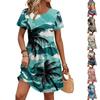 Damen Kurzarm Freizeitkleid Hawaiian Print Rundhalsausschnitt Taillenband Tasche Sommer Strandkleid