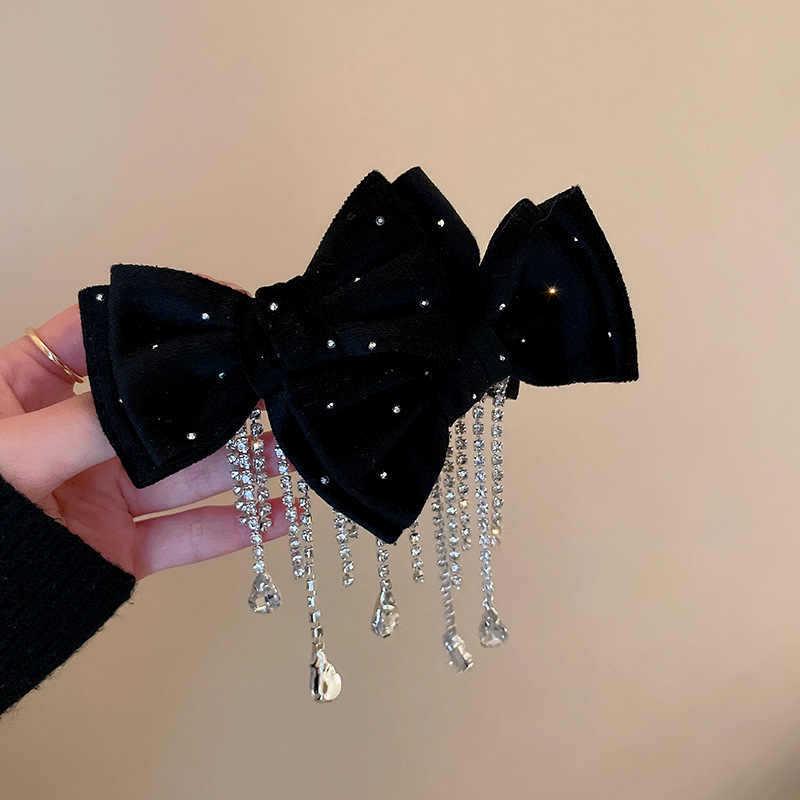 Elegant Korean Velvet Polka Dot Hair Clip with Rhinestone Bow and Tassel