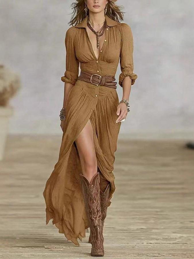 Sexy Irregular Pleated Belted Dress - Women's Solid Color Spring/Autumn Collection