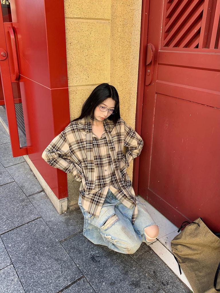 Stylish Spring 2026 Korean Plaid Scarf Shirt - Women's Loose Long Sleeve Top
