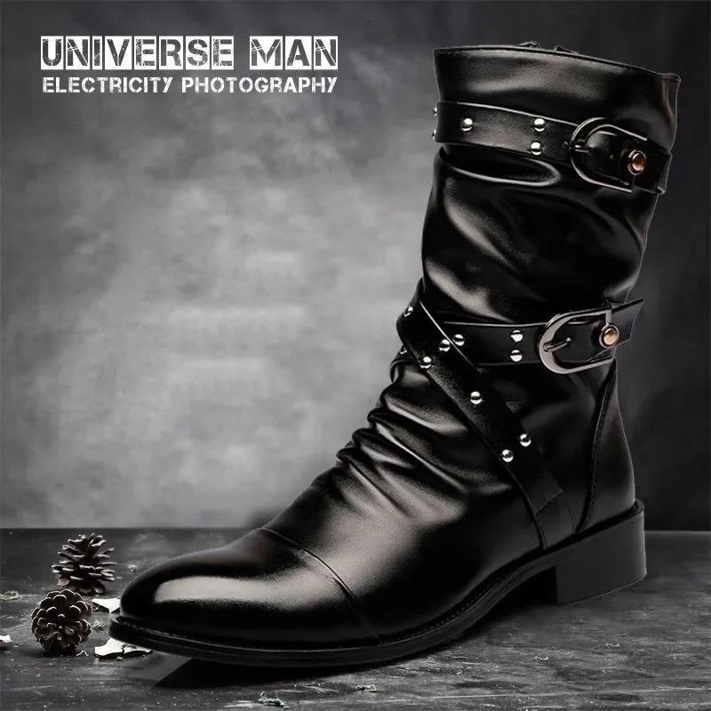 Stivali Alti in Pelle di Alta Qualità da Uomo Moda Classica Autunno Inverno Scarpe Punk Rock Nere Casual da Uomo
