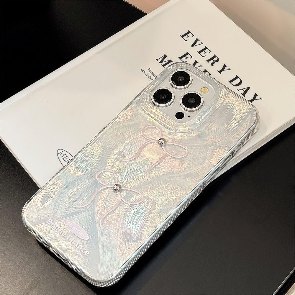 Electroplated silver bead bow is suitable for iPhone16promax Apple 14 laser mobile phone case 12/13 large hole 15.