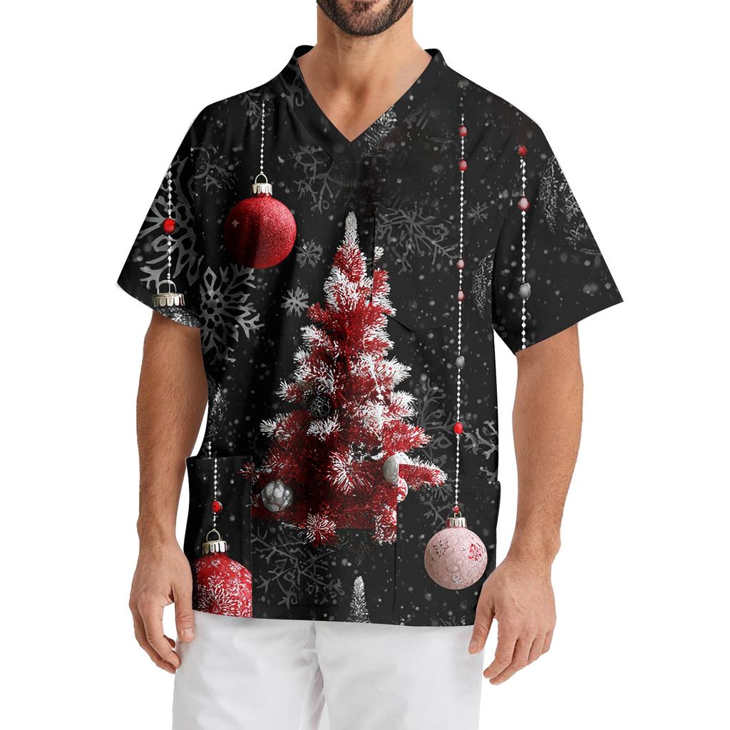 Men's Printing Short Sleeve V-neck Working Blouse Chest Pocket Carer Top