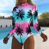 Women Long Sleeve One Piece Swimsuit Zip Front  Island Coconut Tree Print Rash Guard Surfing Bathing Suit