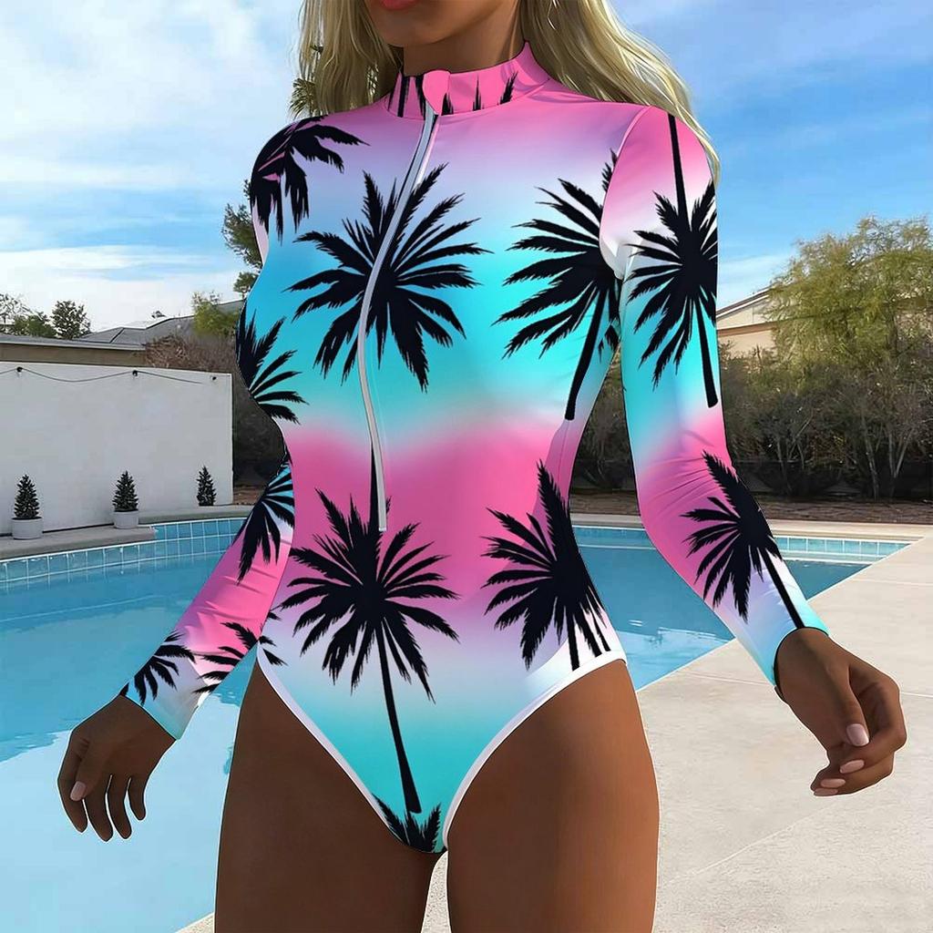 Women Long Sleeve One Piece Swimsuit Zip Front  Island Coconut Tree Print Rash Guard Surfing Bathing Suit