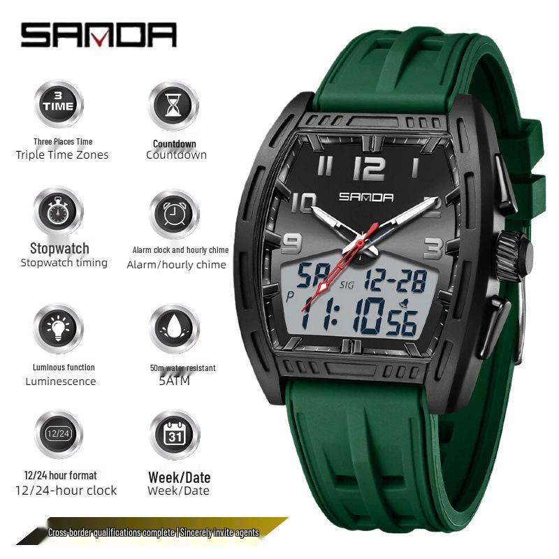 SANDA Men's Waterproof Luminous Sports Watch - Countdown & Multifunctional Barrel-Shaped Electronic Watch with Large Dial