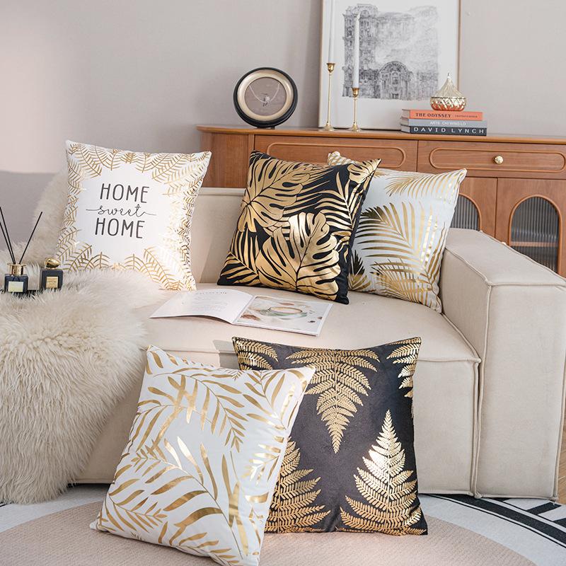 New Hot Stamping Leaf Letter Pillow Case Short Plush Black and White Sofa Bedroom Cushion Pillow