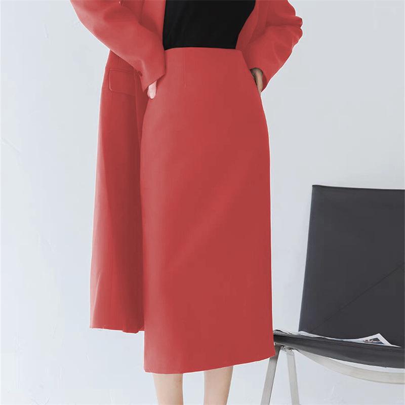 Women's Mid-Length Coffee-Colored A-Line High-Waisted Slit Skirt