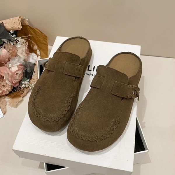 

Модная обувь Чехол на носок Лоферы Женские тапочки Низкие шлепанцы Флок 2025 Мягкий Ретро Рим TPR PU Ткань Каблуки-копытца Осенняя обувь Женские слипоны 35