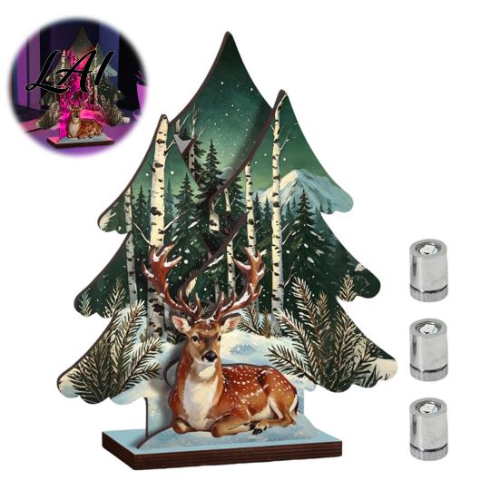 Christmas Party Supplies Wooden Tree Table Decor with LED Light Rustic Standing Sign Holiday Decoration Reindeer Santa Claus for Tiered Tray,