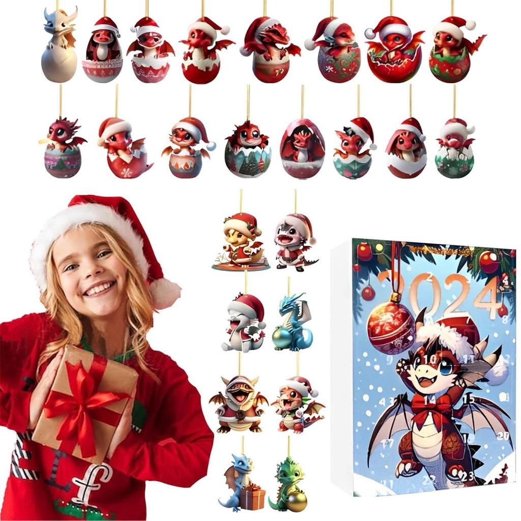 Dračí adventní kalendář, vánoční odpočítávací kalendář s 2D akrylovými ozdobnými hračkami pro dinosaury, vánoční 24denní adventní kalendář pro děti