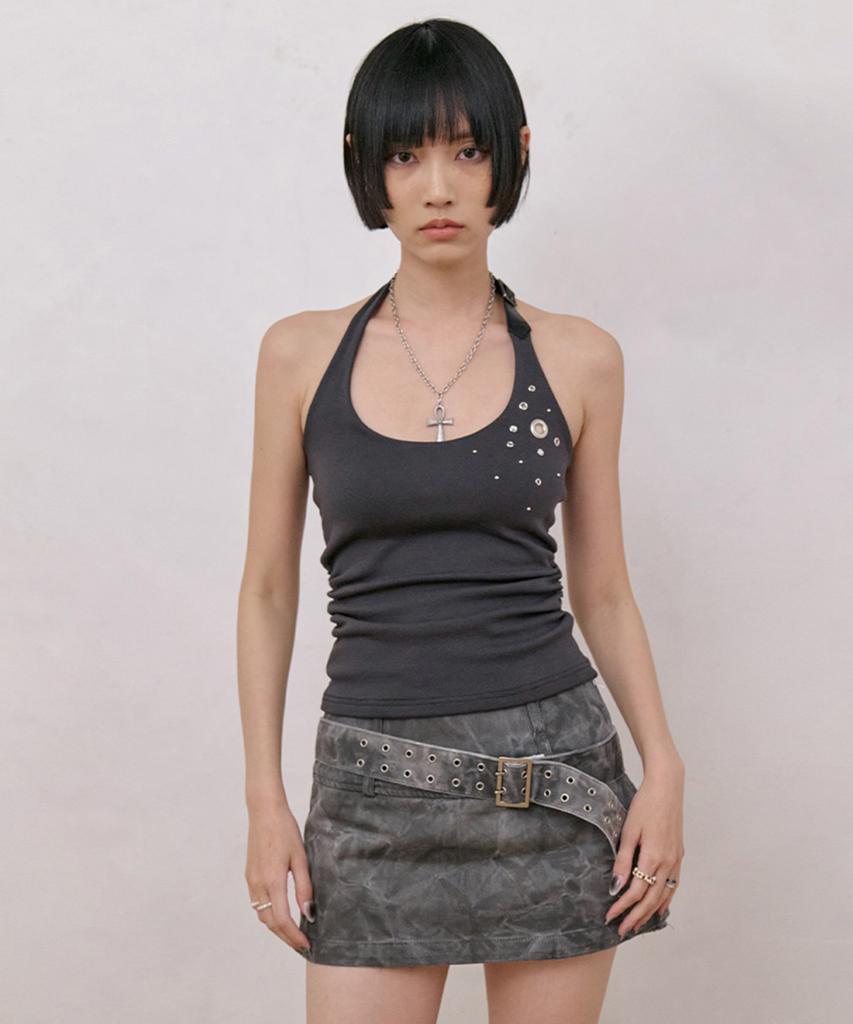 NO EXTRA TOUCH Eyelet Belted Halterneck Shirred Top (Charcoal) / 26Spsl001Ch