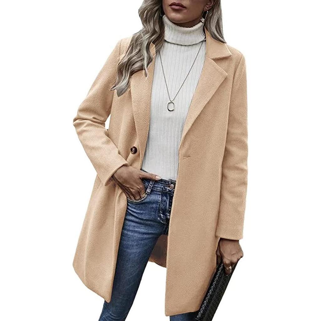 Women's Woolen Mid-Length Trench Coat, British Style, Classic Solid Color, Winter Workwear, Double-Sided Fleece.