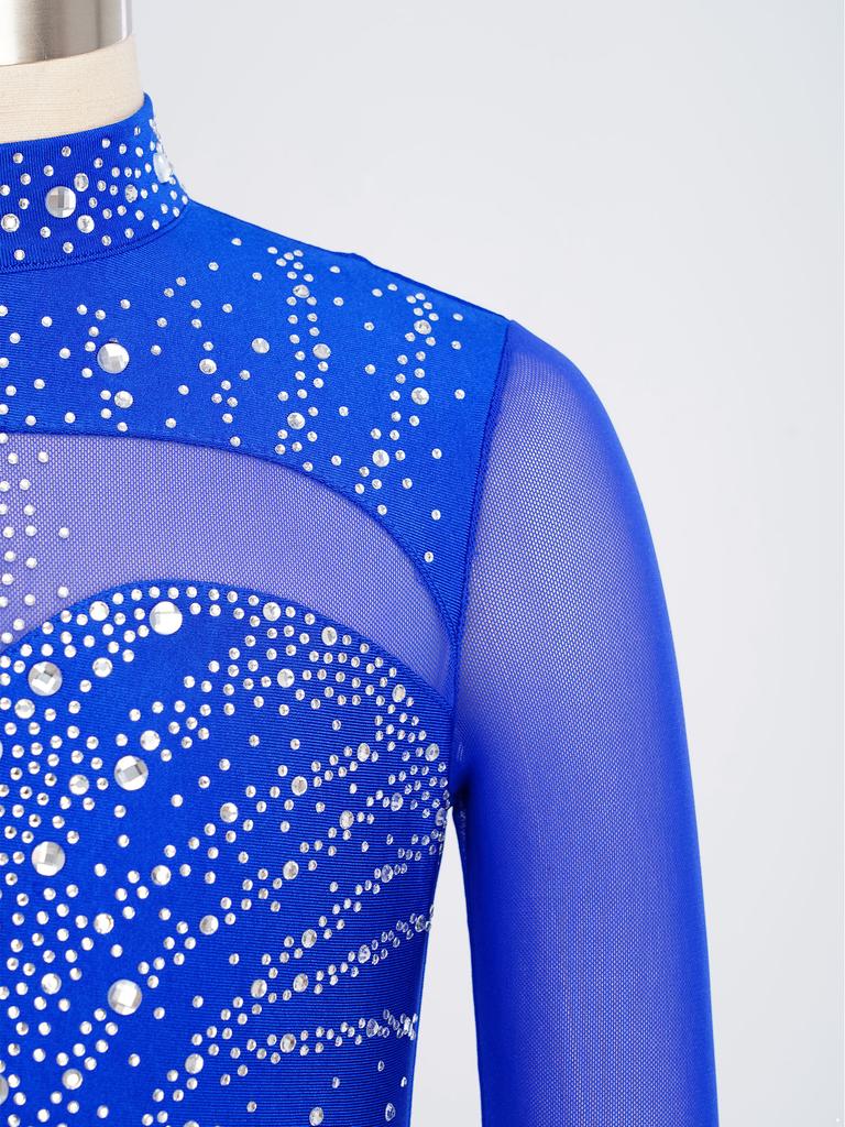 Dívčí trikot s rolákem a dlouhým rukávem, síťované díly, třpytivé kamínky, skrytý zip na zádech, gymnastický body
