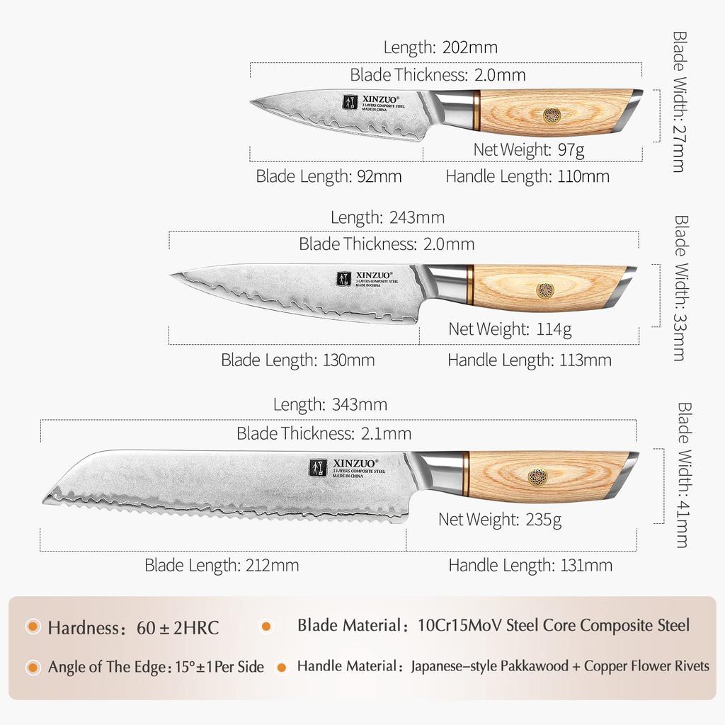XINZUO Composite Steel 5Pcs Kitchen Knife 3 Layer Clad Steel Chef Knife Set 10Cr15CoMoV Steel Professional Sharp Cooking Knife Stainless Steel Knife