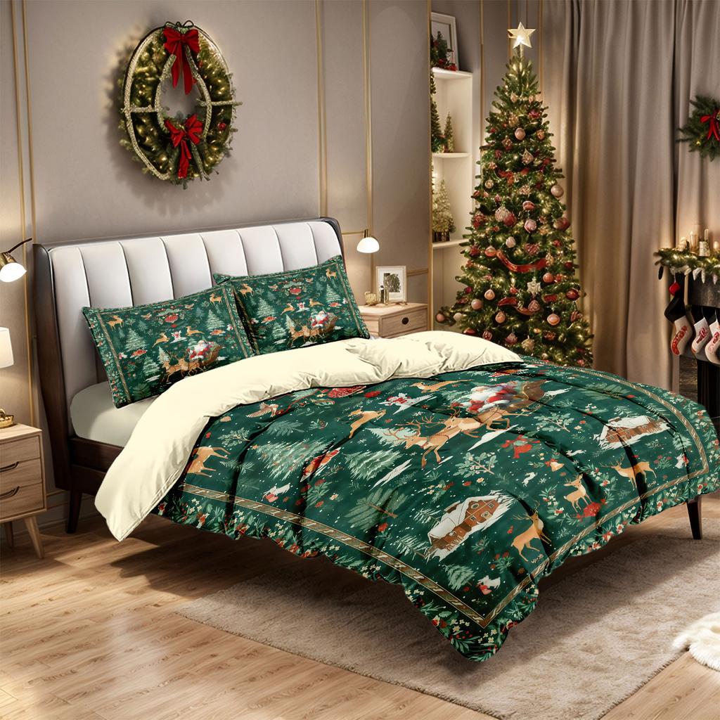 3 Pcs Green Christmas Print Coreless Set Soft and Comfortable Including 1 Duvet Cover and 2 Complete Sets for Gift