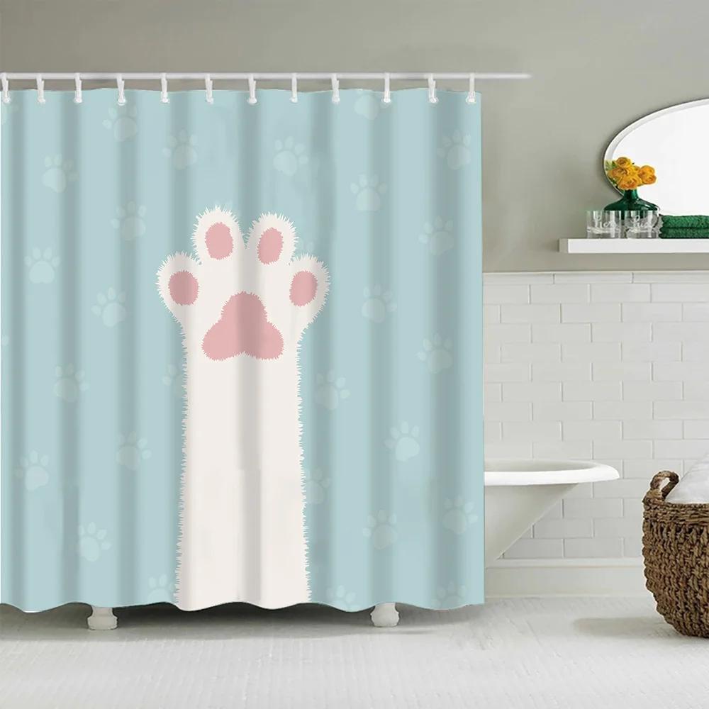 Cute Puppy Cat Cartoon Shower Curtain Waterproof Polyester Fabric With Hooks Washable Bathroom Decor Partition