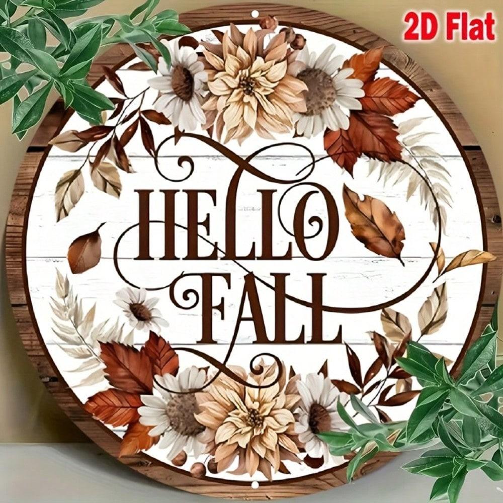 Hello Fall Floral Autumn Leaves Round Metal Sign Vintage Rustic Tin Plate Wall Decor for Home Front Door Garden