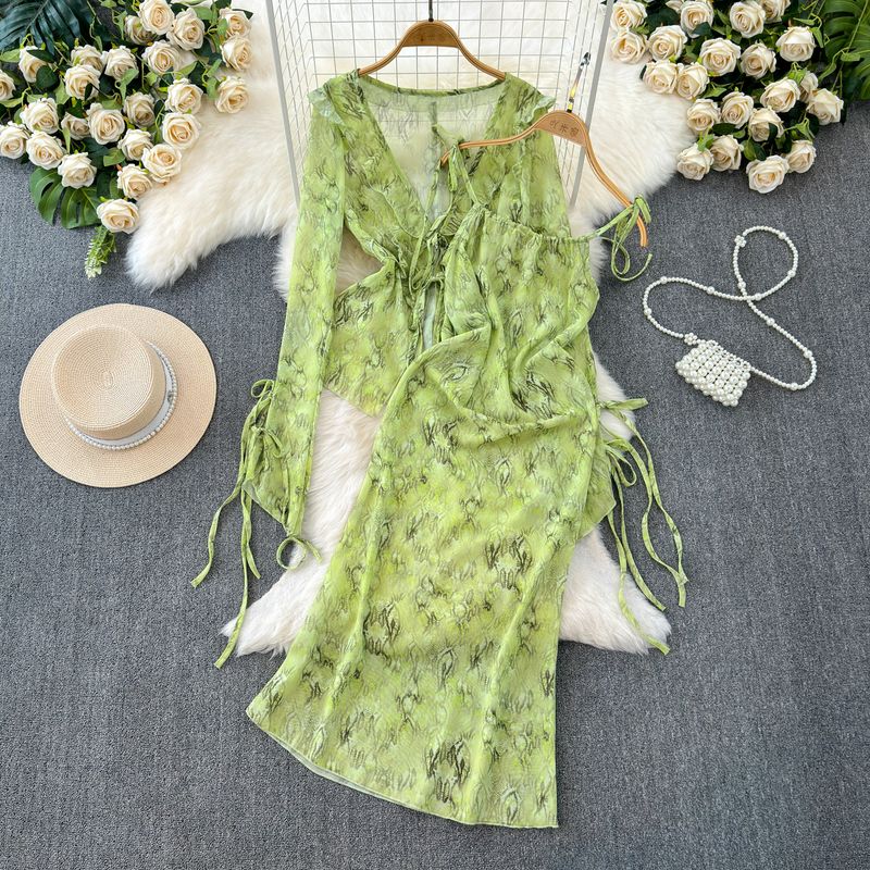 

Shoelace Women s Summer Chiffon Seaside Dress Suit Green Tops + green skirt with suspenders S