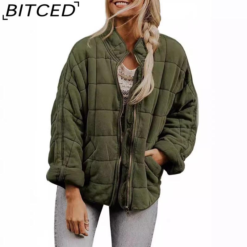 BITCED Solid Colour Stand Collar Cotton Coat - Women's Loose Fit Long Sleeve Pocket Jacket