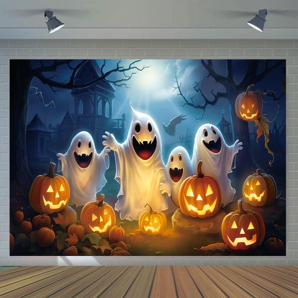 Art Deco Style Halloween Background - 1 Ghost and Pumpkin Lantern Photography Wall Hanging Holiday Party Decoration