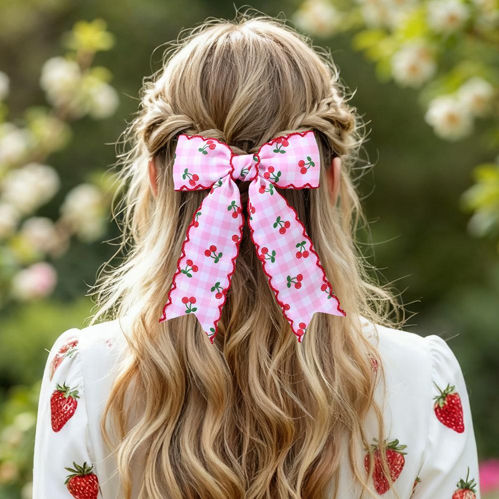 2PCS Spring Summer Grosgrain Ribbon Boutique Hair Bow Moonsticth Edge Long Tails Hair Clip Print Fruit Girls Hair Accessories