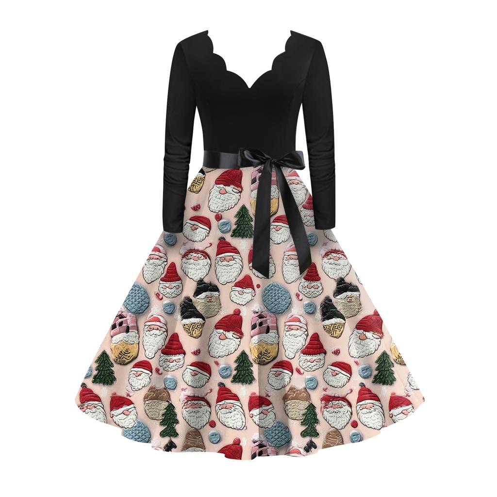 Women's Fashion Elegant Autmn and Winter Long Sleeve V-Neck Christmas Print Dress