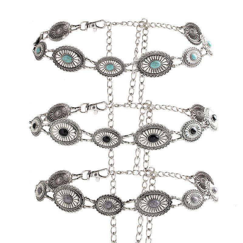 Green Retro Turquoise Metal Waist Chain For Women With Elegant Design And Hook Buckle