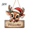 Festive Front Door Signs 2D Christmas Wooden Hanger Ornaments, Santa Snowman Reindeer Welcome Wall Xmas Hanging Decor Sign, Rustic Farmhouse