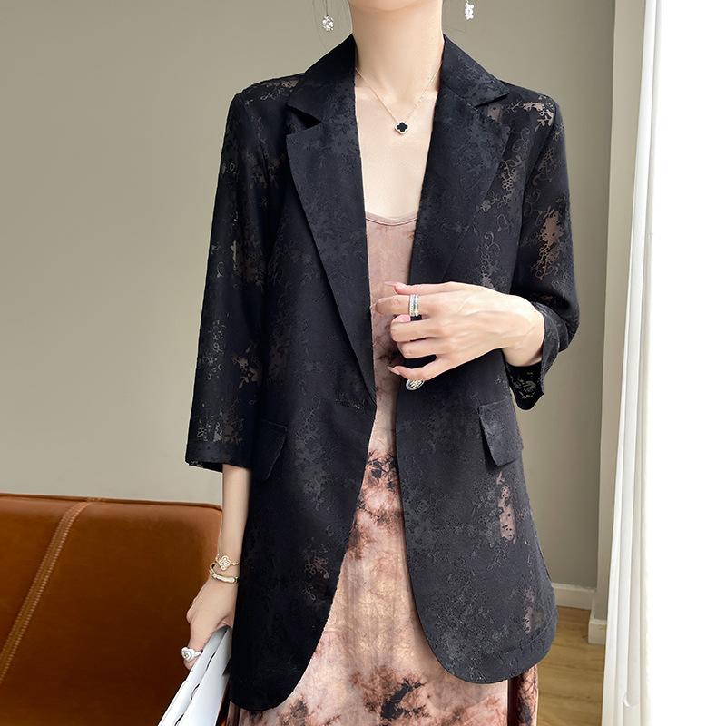 

Тонкий блейзер для женщин летний маленький костюм с вырезами рукав три четверти костюм из ацетатного атласа верх XXXL чёрный