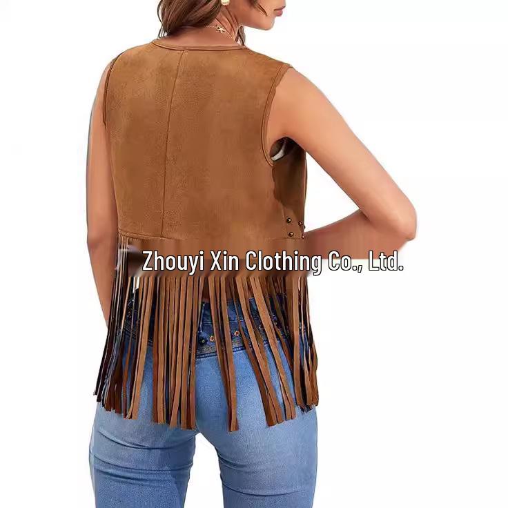 Women's 70s Bohemian Fringe Vest - Faux Suede, Sleeveless, Open Front, Western Style