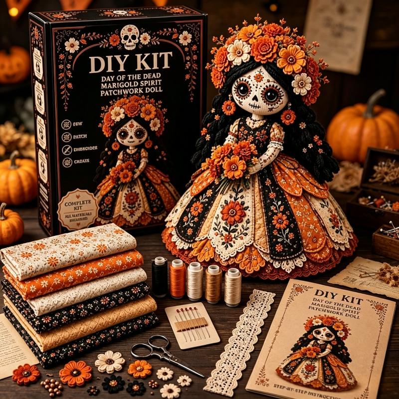 Day Of The Dead Handmade Skull Doll DIY Kit Patchwork Sewing Craft Set for Adult Hobbyist Halloween Party Decor Creative Gift