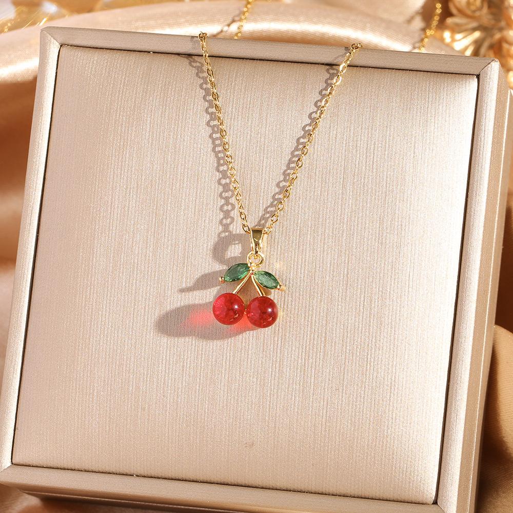 Fashion Zircon Cherry Pendant Titanium Steel Necklace Women's Collarbone Chain Jewelry