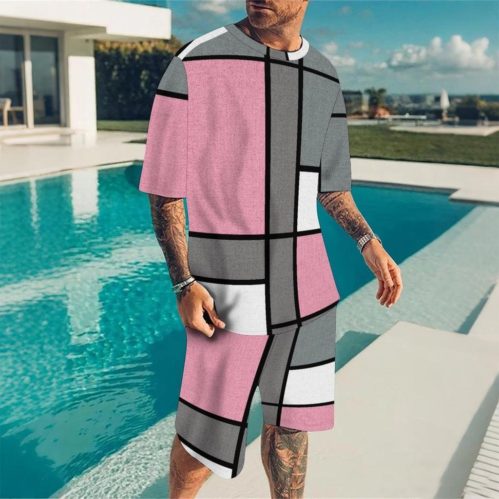 Men Gold White Geometric Triangle 3D Print Short Sleeve Tee And Matching Shorts Two Piece Outfit