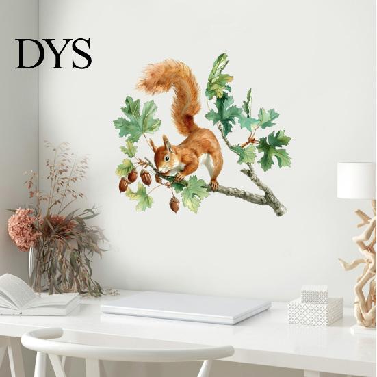 Waterproof Outdoor Window Decals Watercolor Squirrel Wall Sticker, Cute Tree Branch Decal, Removable PVC Art Forest Animal Mural for Living