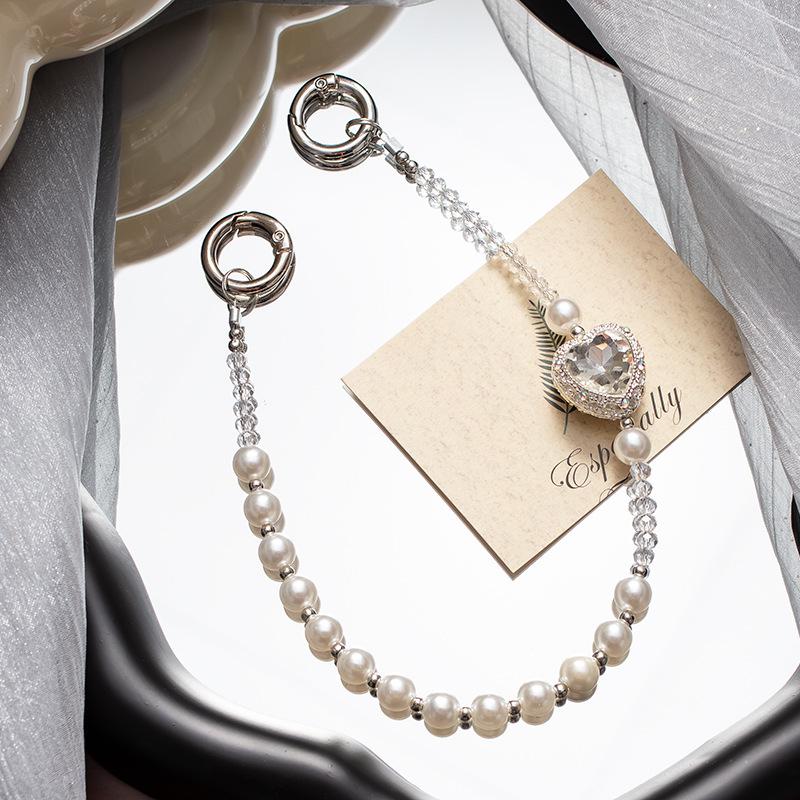 Weißes Herz Perlen Glitzer Handy Handgelenkband Lanyard