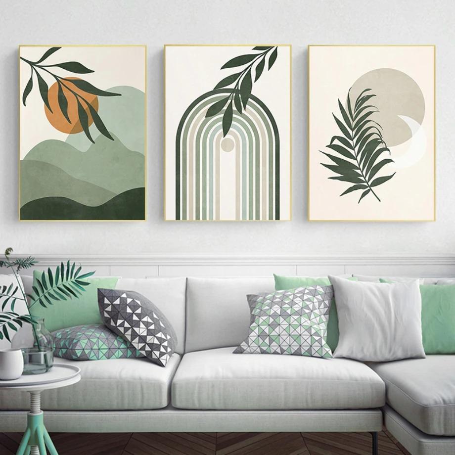 Abstract Green Plant Poster and Print Line Bohemian Moon Wall Art Sage Canvas Painting Nordic Wall Picture Living RoomDecorat