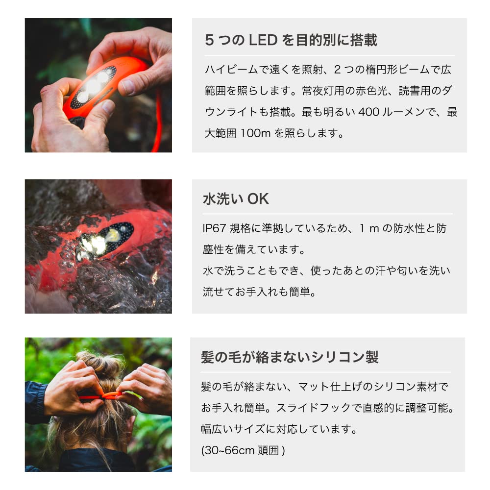 Japanese KNOG BILBY Silicone 400 USB [Official Product] Headlamp, Lumens, Waterproof, Rechargeable, Black, 30-70cm