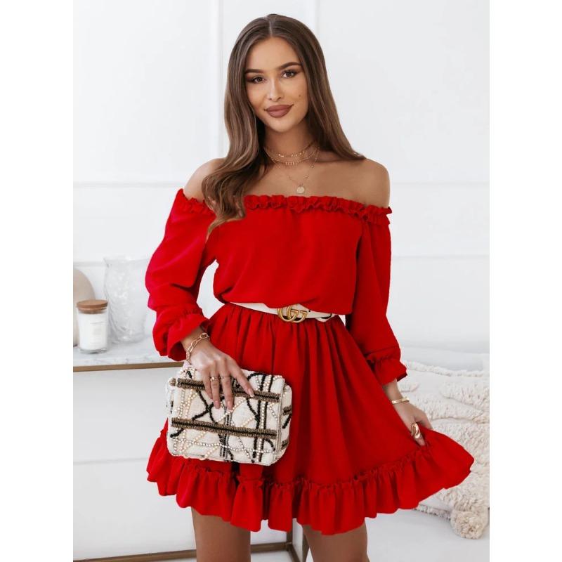 JKASHDK Women's Fashion Spring Fall Solid Color Print Long Sleeve One Shoulder High Waist Casual Dresses