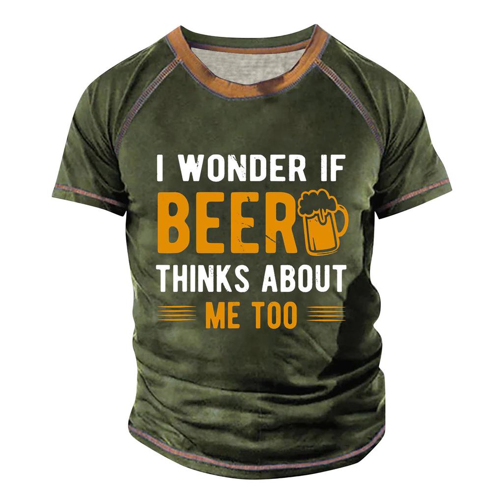 Raglan T-skjorte for menn, retro kortermet rund hals, trykkoverdeler med bokstaver