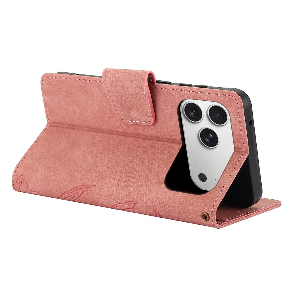 For iPhone 17 Pro Case Flower Butterfly Leather Wallet Phone Cover with Hand Strap