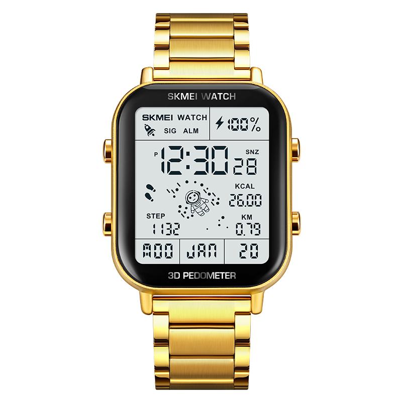 SKMEI 1888 New Design Golden Mens Digital Watch Costume Stainless Steel Band Rectangle Chrono Vintage Business Wristwatch