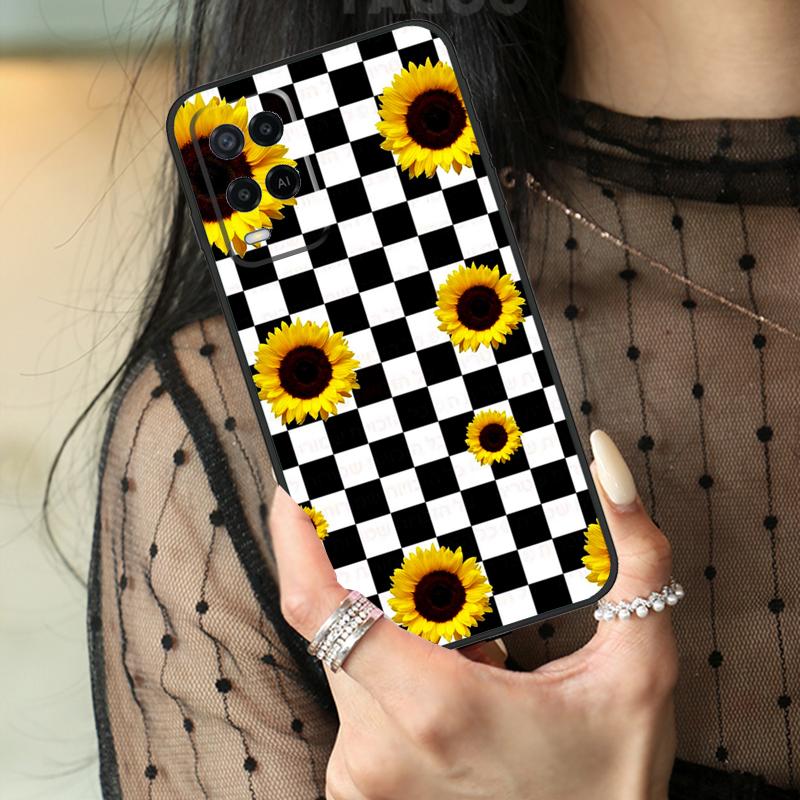 Checkerboard Sunflower Case For Oppo A16 A76 A96 A17 A18 A60 A80 A40 A38 A58 A78 A98 A94 A74 A54 A15 A57 A77 A5 Pro