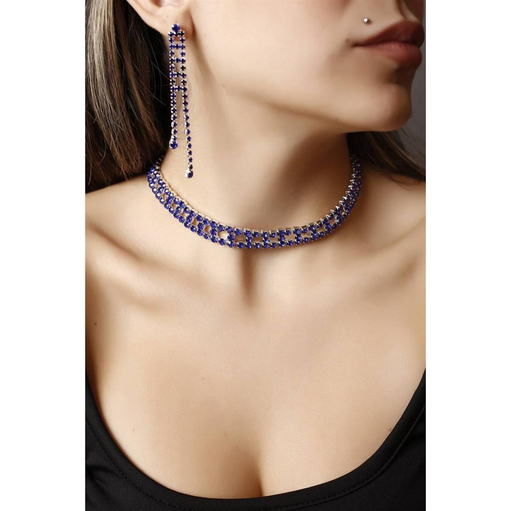 Cheap Women's Jewelry Set Stylish Design Blue Stone Crystal Choker Necklace And Earring Set Like