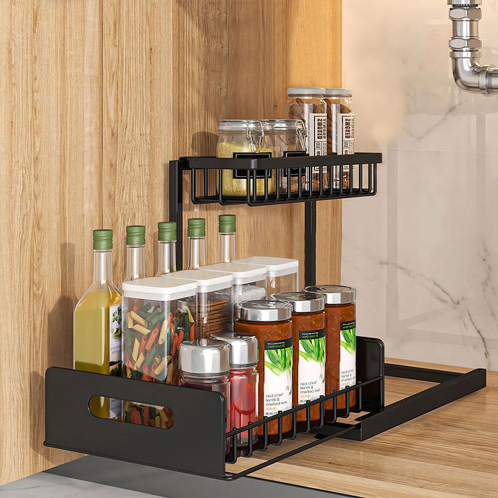 

2-Tier Pull-Out Under Sink Organizer Shelf Cabinet Slide Out Rack Kitchen Countertop Drawout Storage Under Sink Sliding Shelf чорний