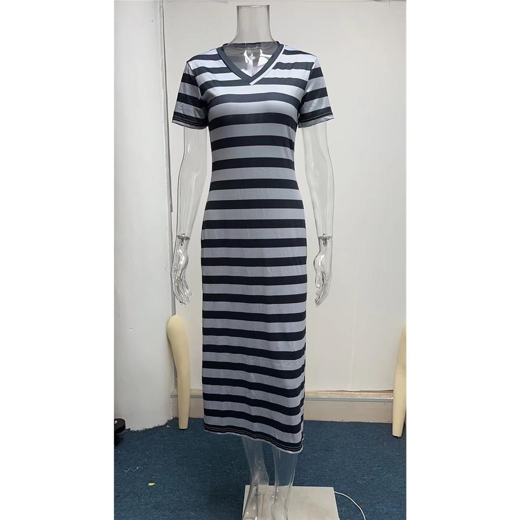 Women's Dress Short-sleeved V-neck Loose Striped Print Slit Long Dress