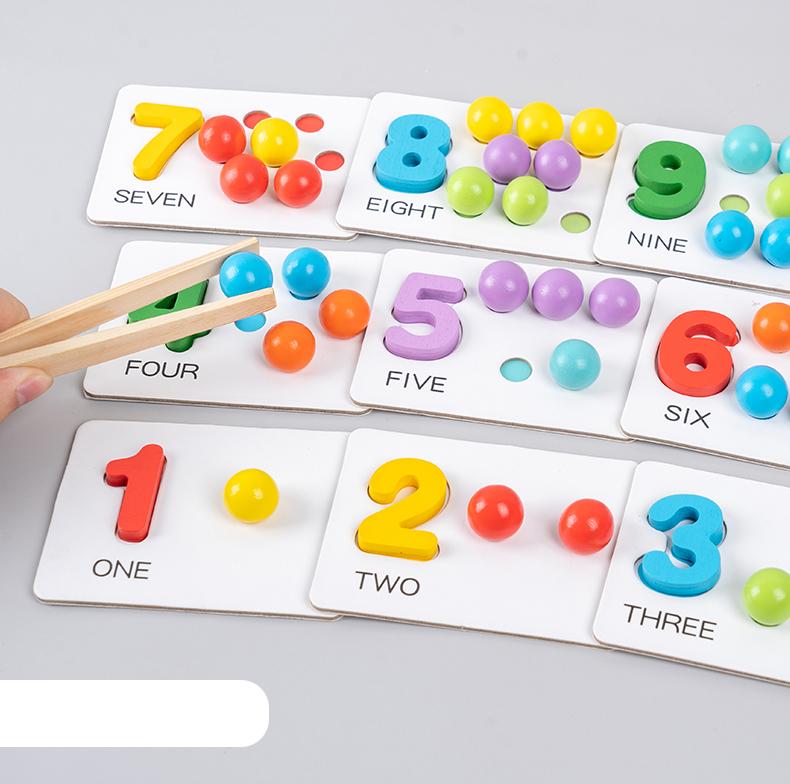Clip Beads Blue Wooden Number Matching Game - Educational Toy for Youngsters, Enhances Math Skills