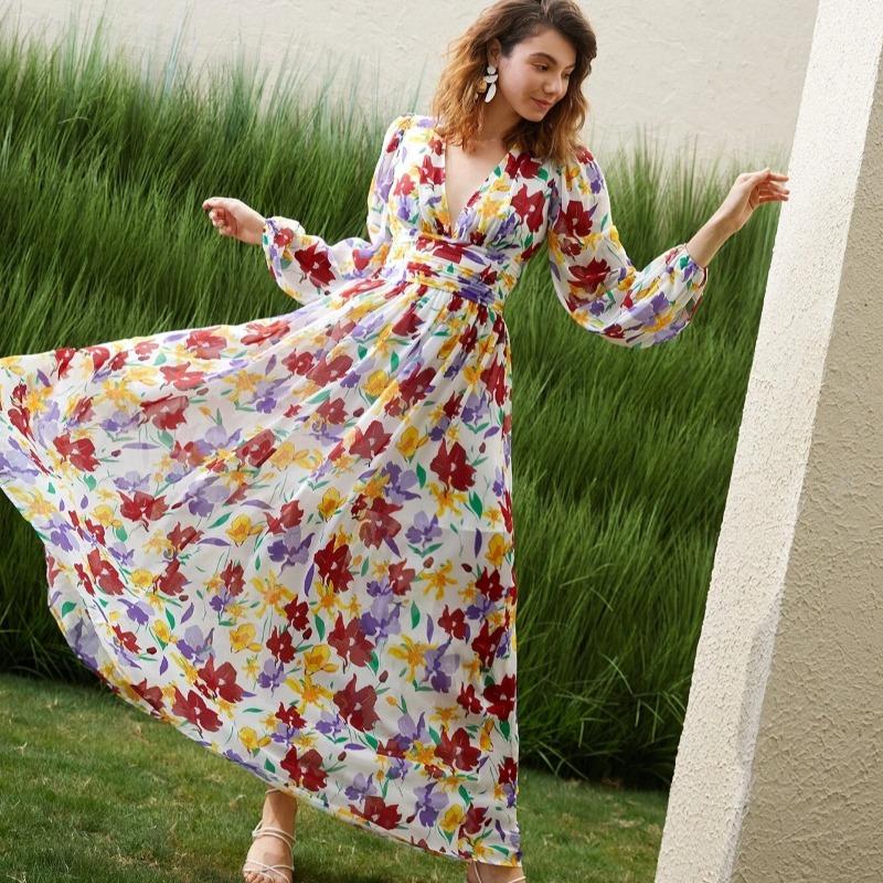 Elegant A Line Vintage Print Floral Dresses Women Summer Fashion Puff Sleeve Women Casual Dress V Neck Party Club Slim High Waist Long Dress 26172