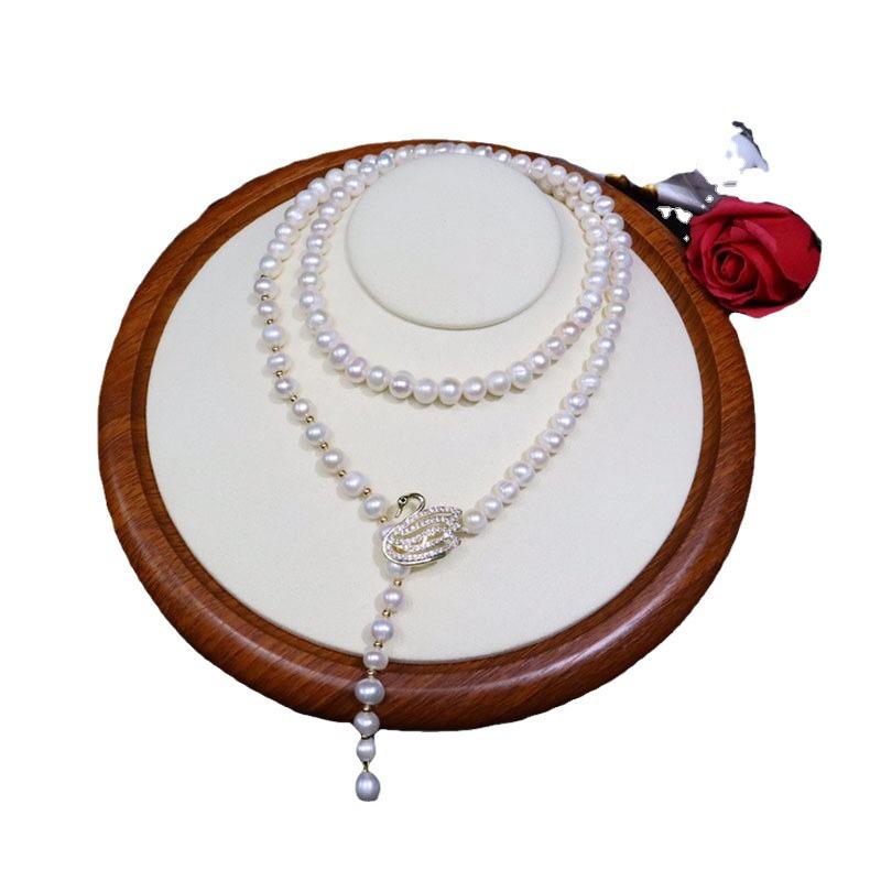 Zhuji Women's Freshwater Pearl Sweater Chain, 8-9mm Near Round Pearls with Slight Imperfections, Niche Style Versatile Jewelry.